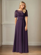 A Line Chiffon Scoop Neck Short Sleeves Floor Length Dress