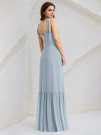 Ice Blue Sheath/Column Chiffon Spaghetti Straps Sleeveless Floor Length Bridesmaid Dresses