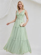 Mint Green Tulle A Line V Neck Sleeveless Floor Length Bridesmaid Dress with Applique