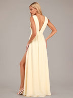 A Line Chiffon V Neck Sleeveless Floor Length Dresses With High Slit