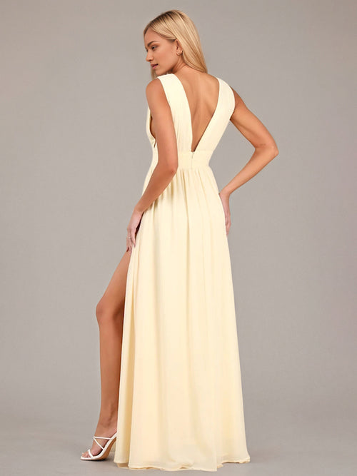 A Line Chiffon V Neck Sleeveless Floor Length Dresses With High Slit