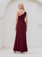 A Line Burgundy Satin One Shoulder Sleeveless Ankle Length Dress