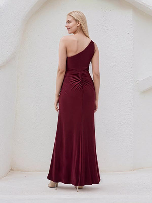 A Line Burgundy Satin One Shoulder Sleeveless Ankle Length Dress