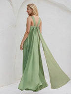 Abito damigella in chiffon basilico a linea A con scollo a V e volant, lunghezza fino al pavimento