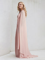 A Line Pink Chiffon One Shoulder Long cape sleeve Floor Length Pleated Dress With Appliques