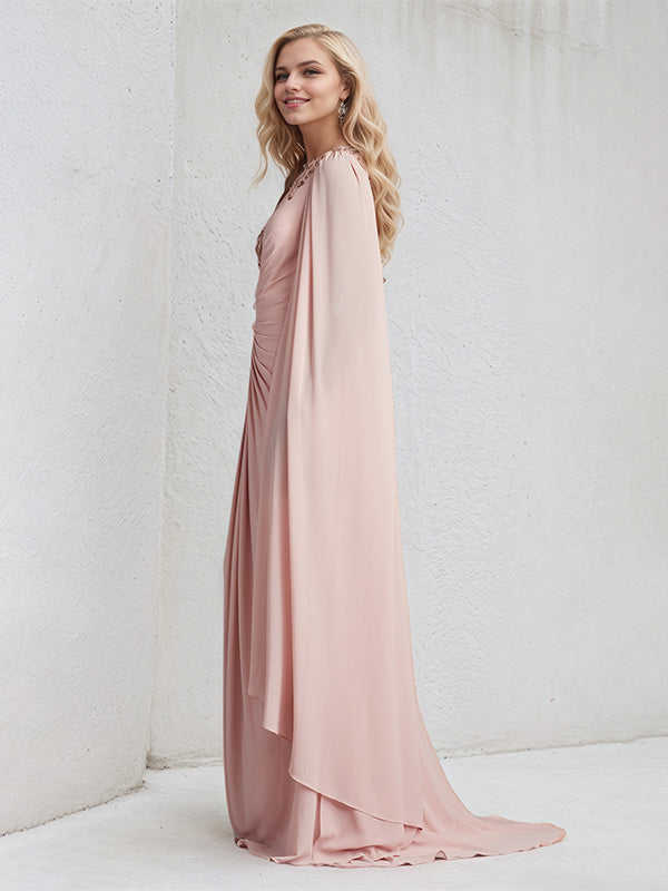 A Line Pink Chiffon One Shoulder Long cape sleeve Floor Length Pleated Dress With Appliques