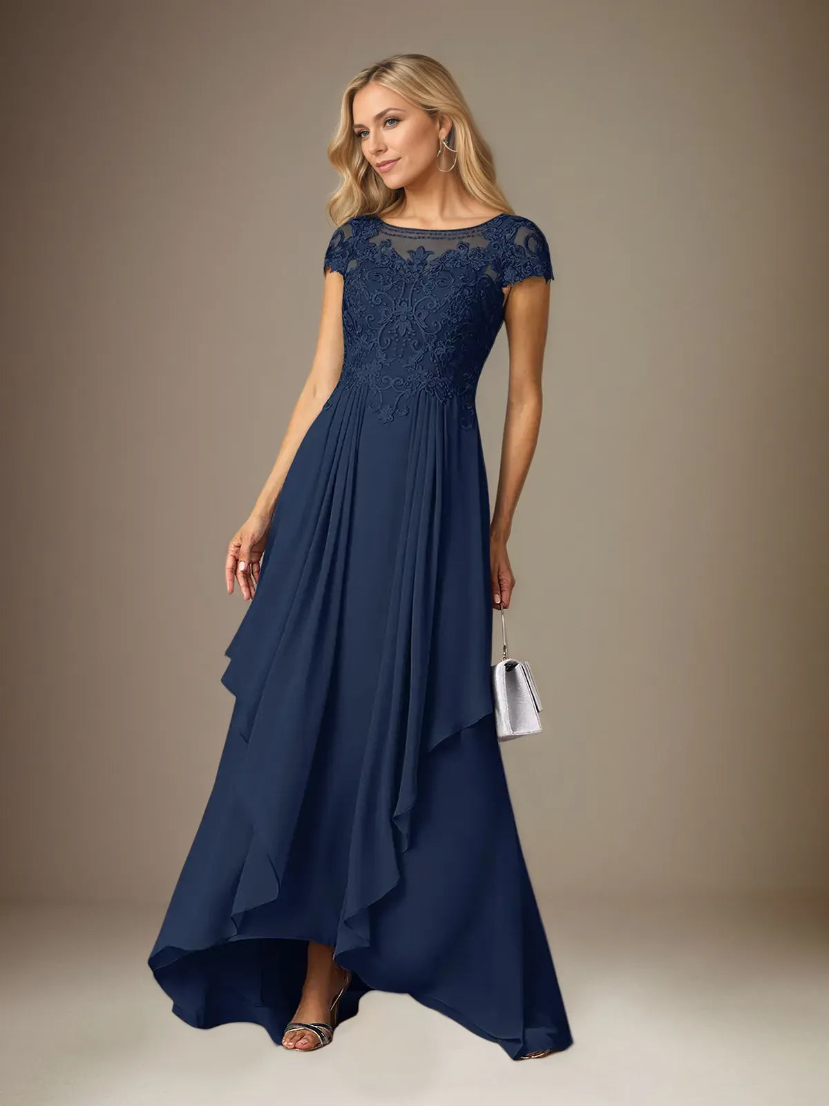 A Line Chiffon Scoop Neck Short Sleeves Floor Length Pleated Mother of the Bride Dresses With Appliques