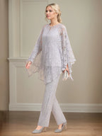 Conjunto de Calça para Mãe da Noiva em Chiffon com Decote V, Sem Mangas, Comprimento Longo e Aplicações