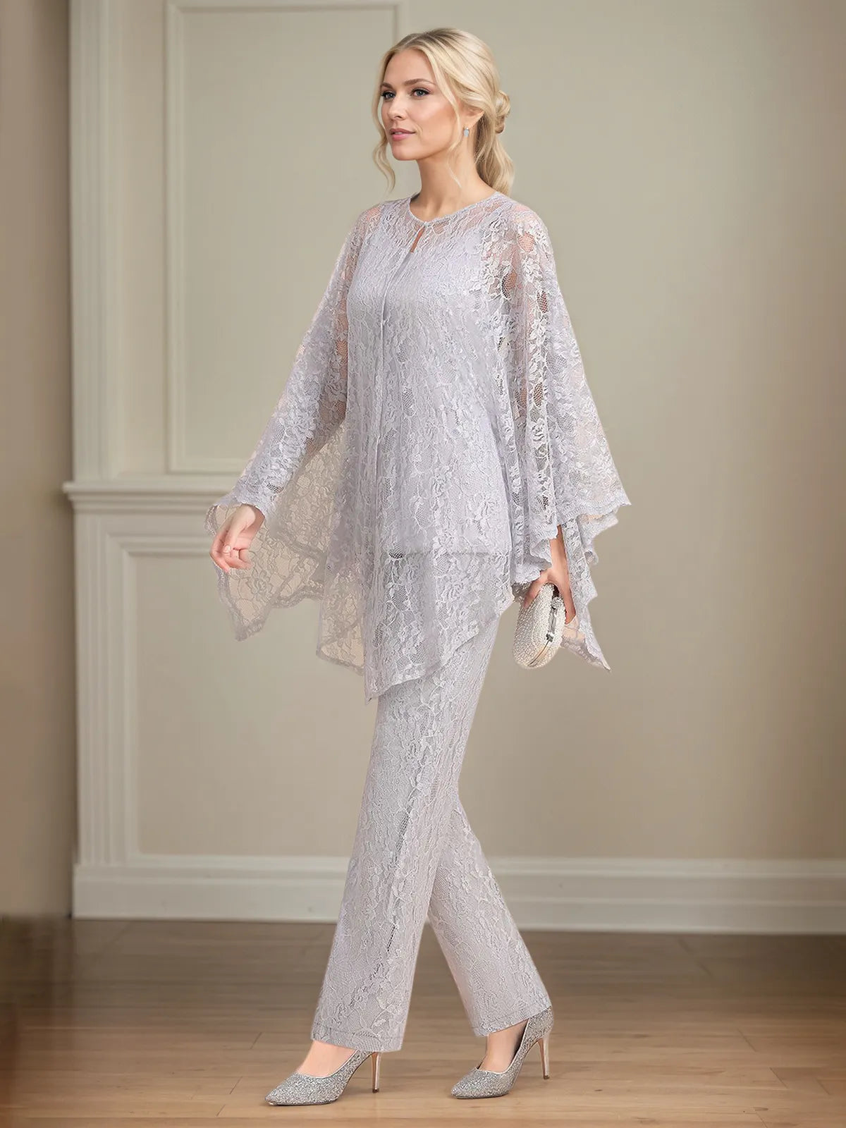 Conjunto de Calça para Mãe da Noiva em Chiffon com Decote V, Sem Mangas, Comprimento Longo e Aplicações