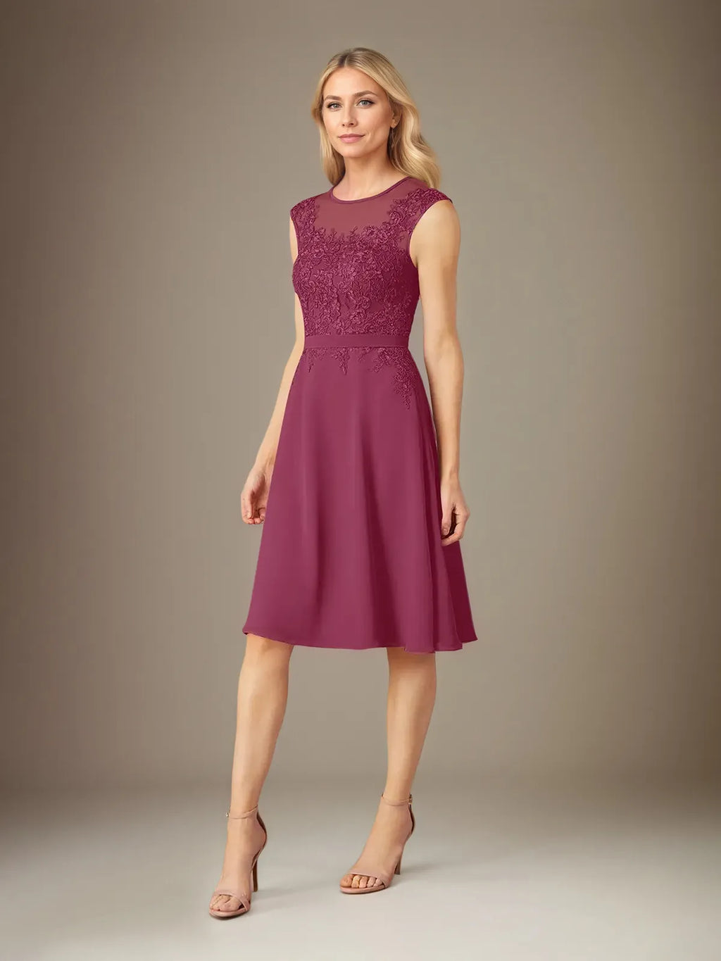 A Line Chiffon Scoop Neck 3/4 Sleeves Knee Length Dress