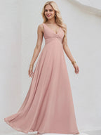Dusty Rose Chiffon A Line V Neck Sleeveless Floor Length Bridesmaid Dress