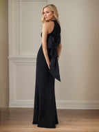 Schwarzes Stretch-Crêpe Etui-/Säulen-Kleid mit Neckholder, bodenlang, Mutter der Braut