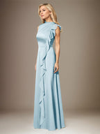 Himmelblaues A-Linien Satin Kleid mit hohem Ausschnitt, ärmellos, bodenlang