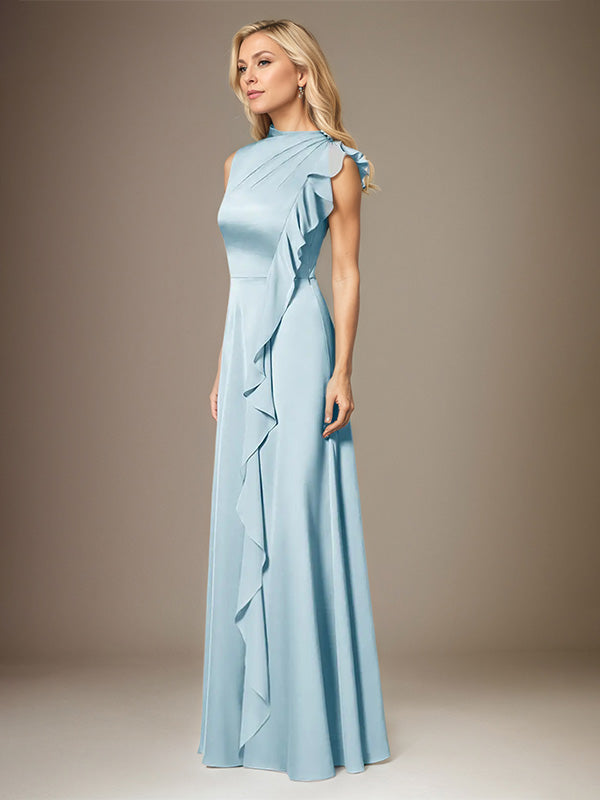 Himmelblaues A-Linien Satin Kleid mit hohem Ausschnitt, ärmellos, bodenlang