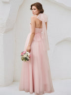 Pink Tulle A Line Halter Neck Sleeveless Floor Length Bridesmaid Dress