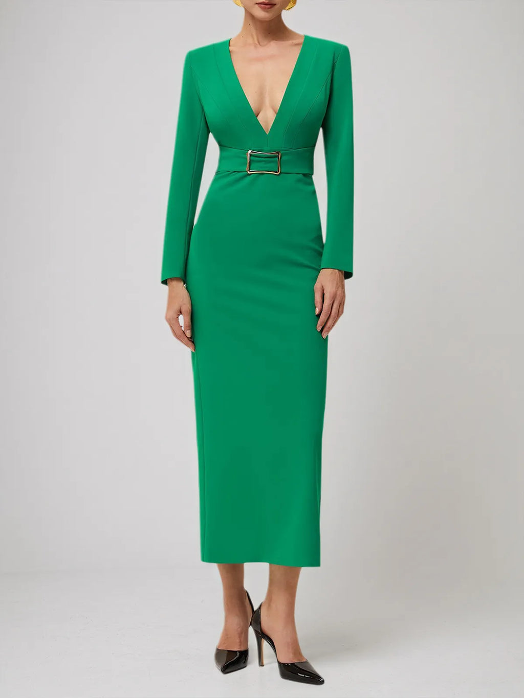 Green Deep V Neck Long Sleeve Sheath Maxi Dress