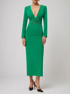 Green Deep V Neck Long Sleeve Sheath Maxi Dress