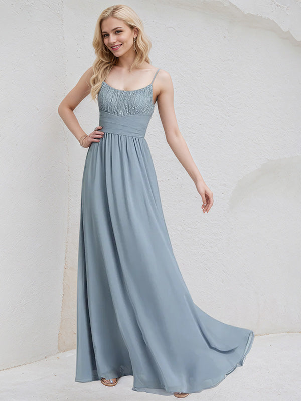Dusty Blue Chiffon A Line Spaghetti Straps Sleeveless Floor Length Pleated Bridesmaid Dress