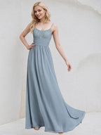 Dusty Blue Chiffon A Line Spaghetti Straps Sleeveless Floor Length Pleated Bridesmaid Dress