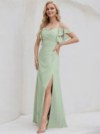 Celadon Chiffon A Line Spaghetti Straps Floor Length Bridesmaid Dress With Ruffle