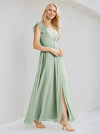 Sage Chiffon A Line V Neck Sleeveless Floor Length Pleated Bridesmaid Dresses