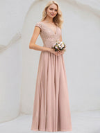 Dusty Rose A-Line V-Neck Floor-Length Lace Chiffon Bridesmaid Dress