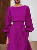 Rosarotes asymmetrisches Kleid mit Bootsausschnitt, langen Ballonärmeln und A-Linie Midi-Länge