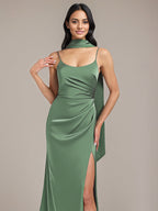 Eucalyptus Sheath/Column Spaghetti Straps Floor-Length Satin Bridesmaid Dress With Scarf