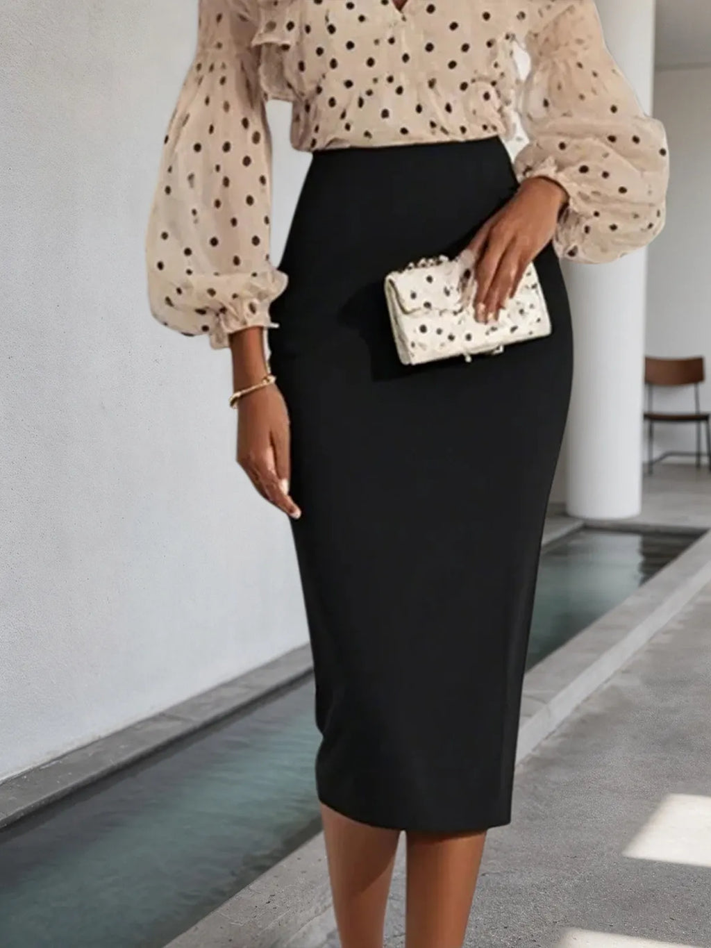 Apricot Peplum Chiffon Long Sleeve Balloon Sleeve Sheath Midi Dress