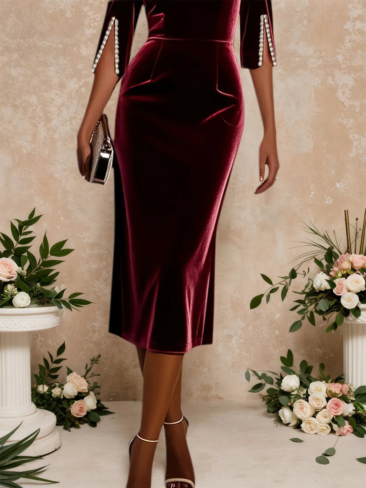 Weinrot Samt-Midikleid mit Imitationsperlen, Bootsausschnitt und halblangen Ärmeln