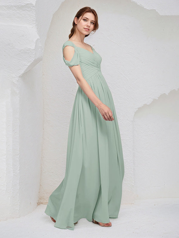 Abito lungo da damigella in chiffon salvia a linea A con scollo a V, senza maniche e pieghe