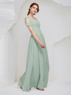 Abito lungo da damigella in chiffon salvia a linea A con scollo a V, senza maniche e pieghe