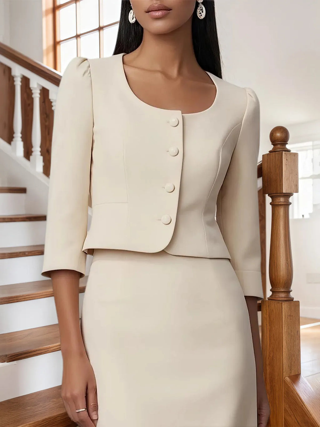 Women Beige Buckle U-Neck Half Sleeve Dressy Coat With Skirt Two-Piece Set
