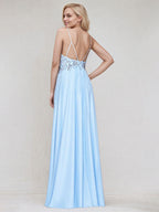 Sky Blue Satin Spaghetti Straps Sleeveless Floor Length Bridesmaid Dress With Beadings
