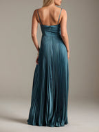 Französisch Blaues A-Linien Satin Brautjungfernkleid mit Spaghetti-Trägern und Bodenlänge
