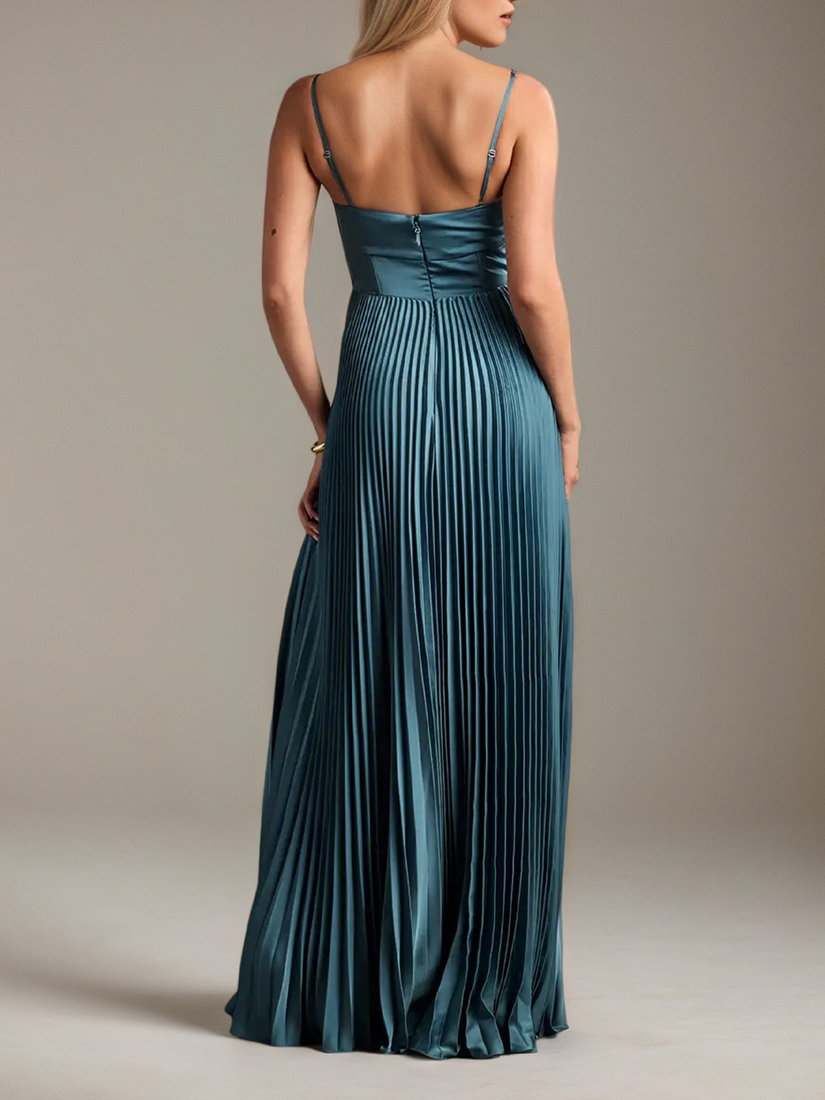 Französisch Blaues A-Linien Satin Brautjungfernkleid mit Spaghetti-Trägern und Bodenlänge