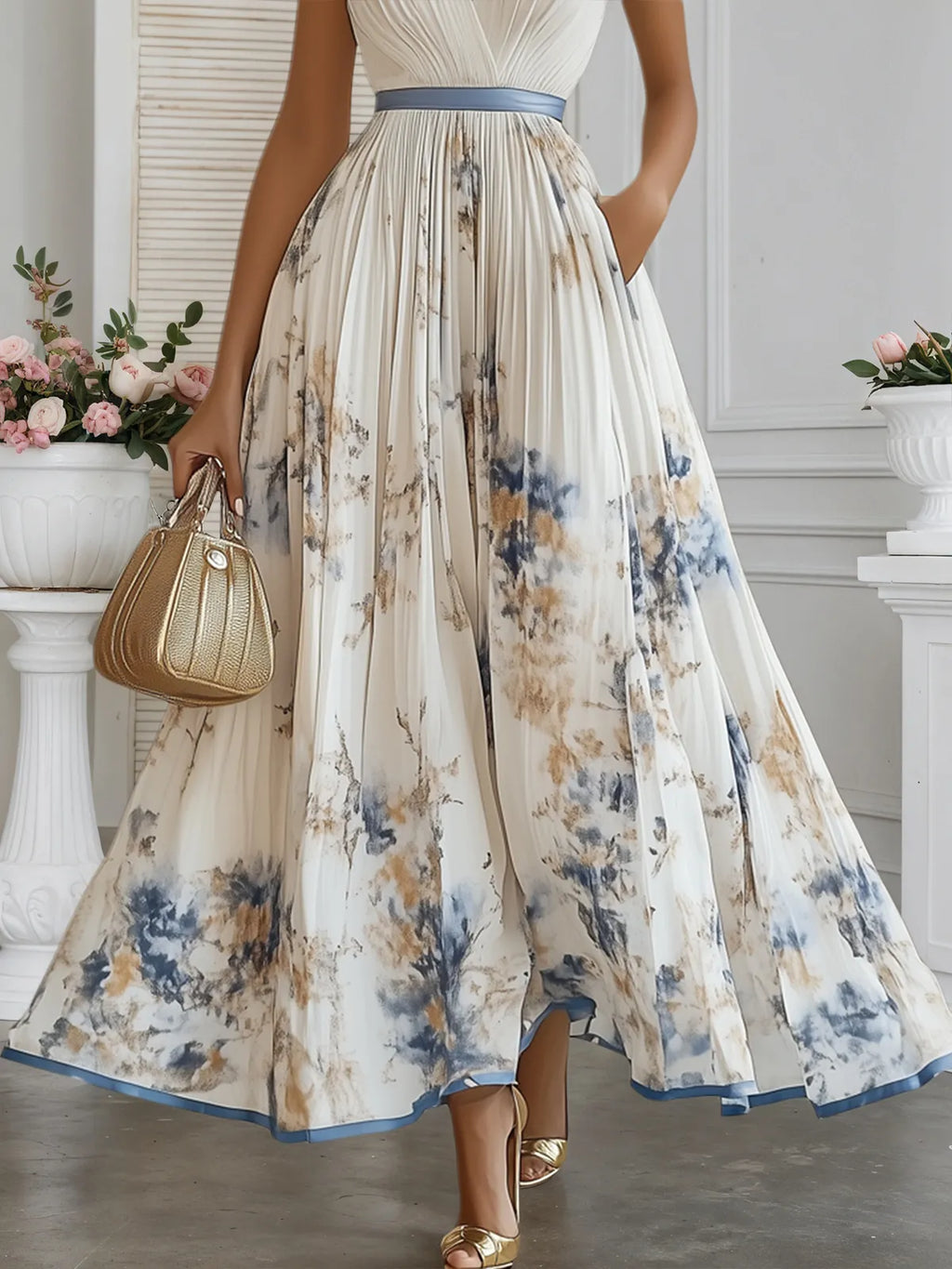 Vestido longo evasê de chiffon branco floral plissado, decote halter e sem mangas