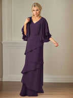 A Line V Neck Flutter Sleeve Floor Length Chiffon Mother of the Bride Dress