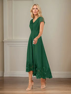 A-Linien Chiffon Kleid mit V-Ausschnitt, flatternden Ärmeln, knöchellang mit Applikationen