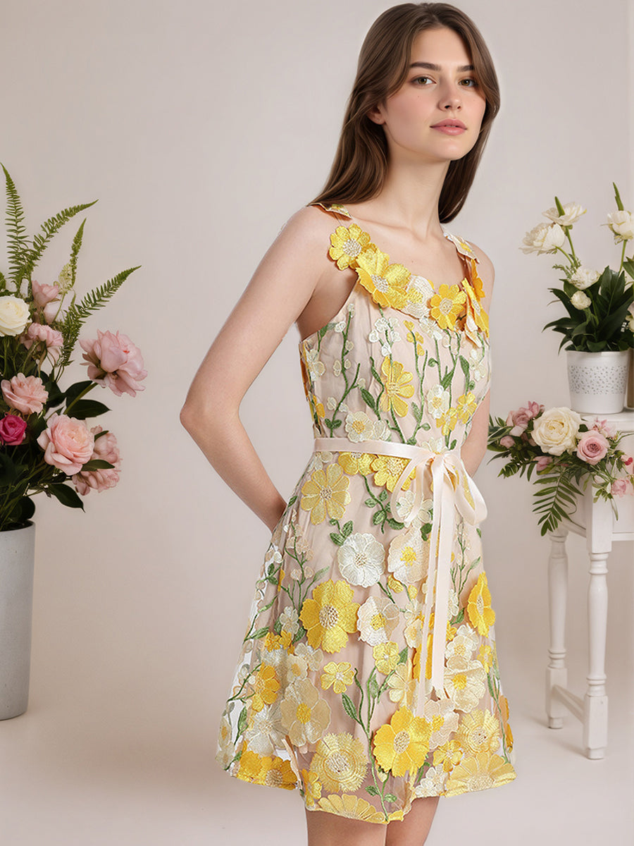 3D Floral Embroidery Tulle V-Neck Lace Mesh Homecoming Mini Dress