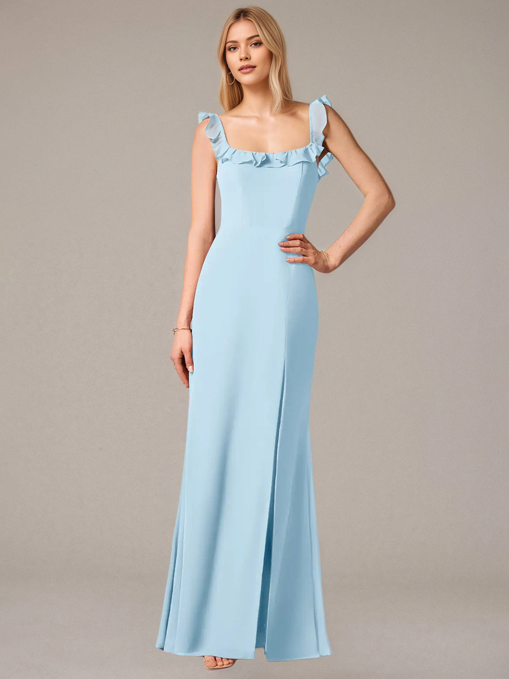 Sheath/Column Chiffon Off The Shoulder Sleeveless Floor Length Dresses With Ruffles