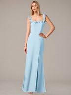 Sheath/Column Chiffon Off The Shoulder Sleeveless Floor Length Dresses With Ruffles