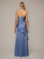 Schieferblaues Etuikleid/Säulenkleid aus Satin, asymmetrisch, ärmellos, bodenlang mit Rüschen