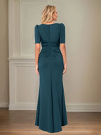 Trumpet/Mermaid Scoop Neck Short Sleeve Floor Length Stretch Crepe Mother of the Bride Dress With Ruffles