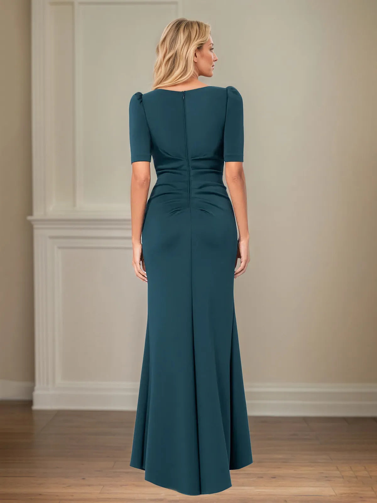 Trumpet/Mermaid Scoop Neck Short Sleeve Floor Length Stretch Crepe Mother of the Bride Dress With Ruffles