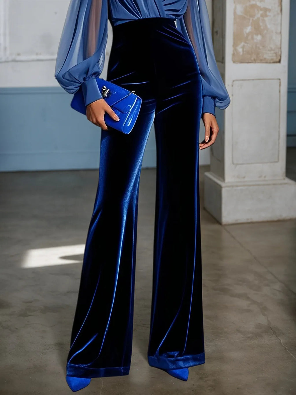 Royal Blue V Neck Mesh Long Sleeve Velvet Jumpsuit