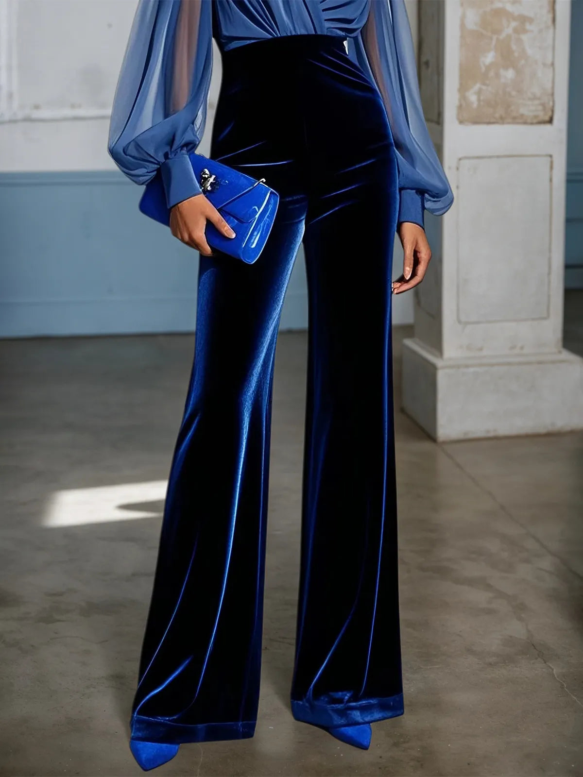 Royal Blue V Neck Mesh Long Sleeve Velvet Jumpsuit