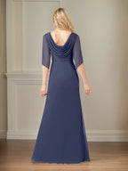 Sheath/Column Boat Neck 1/2 Sleeve Floor Length Chiffon Dress With Beadings