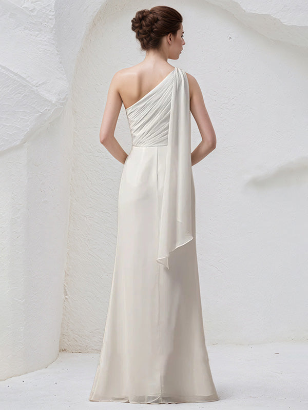 Ivory Chiffon Sheath/Column One Shoulder Sleeveless Floor Length Bride – DUNALI