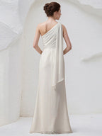 Abito da damigella avorio in chiffon, modello a colonna, monospalla, senza maniche, lungo fino a terra